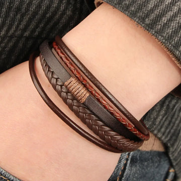 Riolio New Trendy Leather Bracelet for Men Stainless Steel Brown Leather Rope Braided Rope Man Bracelet Jewelry Gift Wholesale